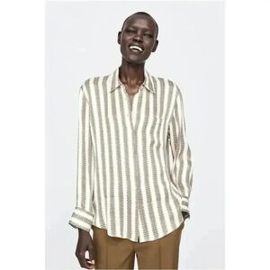 NWT Zara White Yellow Print Striped Long Sleeve Button-Down Shirt Size XS